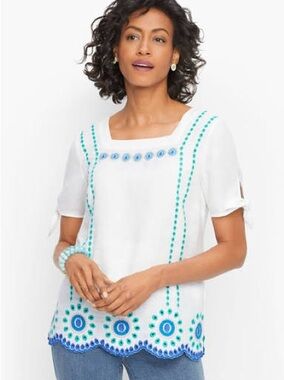 Talbots White Linen Cotton Embroidered Eyelet Square Neck tie sleeves XS